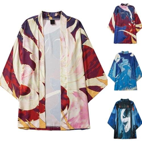 Men Casual Loose Anime Kimono Open Front 3/4 Sleeve Japanese Style Kimono Print Cover Up Cardigan Men Shirt Camisa Hombre