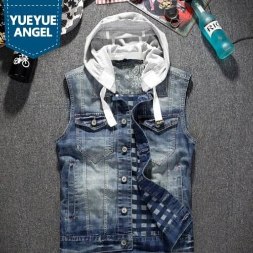 Men Hooded Detachable Denim Vest College Vintage Sleeveless Jacket Male Teenager Slim Fit Casual Blue Biker Waistcoat S-3XL