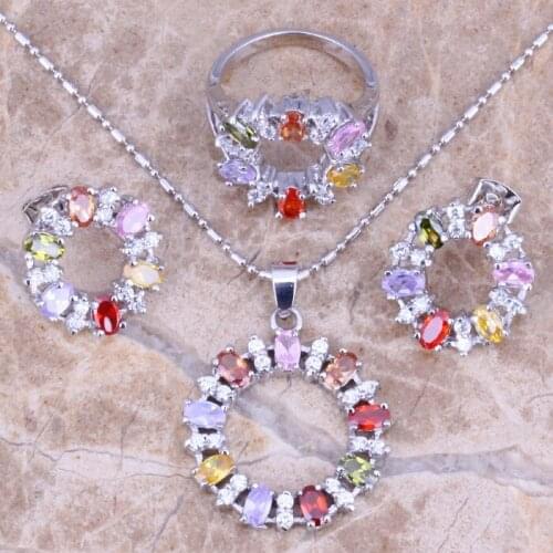 Fascinating Multicolor Multigem Silver Plated Jewelry Sets Earrings Necklace Pendant Ring Size 6 / 7 L749