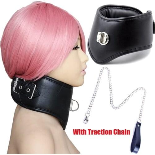 Soft Sponge Padded Leather Chastity Posture Sex Neck Collar SM Slave Bondage Dog Collar Neck Harness,With Traction Chain Sex Toy