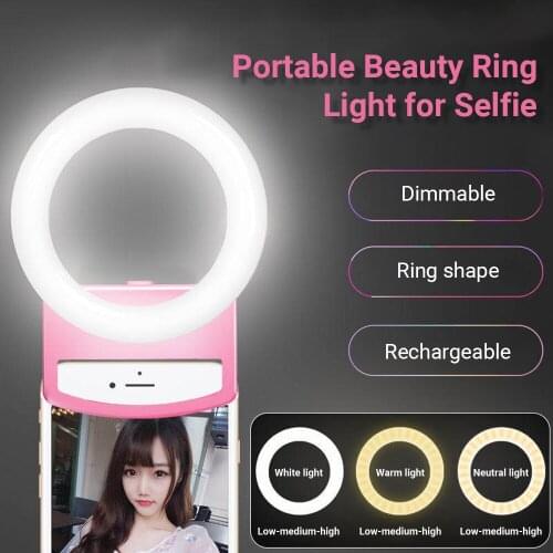 Portable Selfie Ring Light with Rechargeable Battery and Dimmer Clip-on Mini LED Beauty Light for Phone Laptop Computer Tablet
