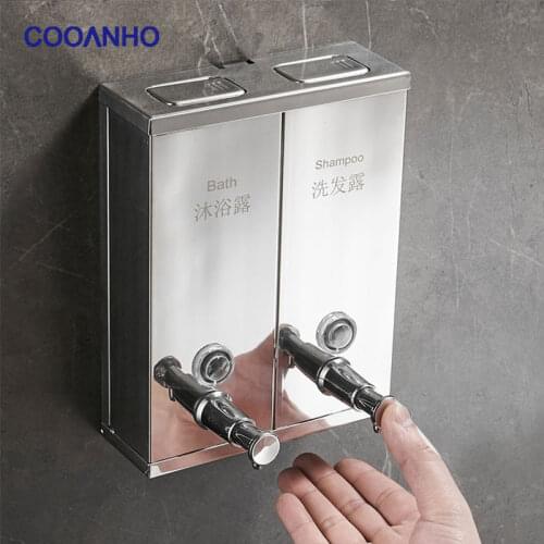 COOANHO Stainless Steel Manual Wall-Mount Soap Bottle, Family Hotel Bathroom Shower 2-Chamber Pump Bottle soap dispensers
