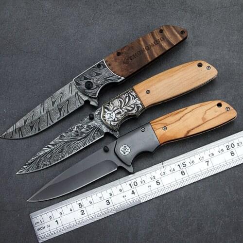 8.2'' Damascus tactical Folding Knife Hunting Knife 440C Blade + wood handle Survival Camping Pocket Knife Outdoor Knife Tools