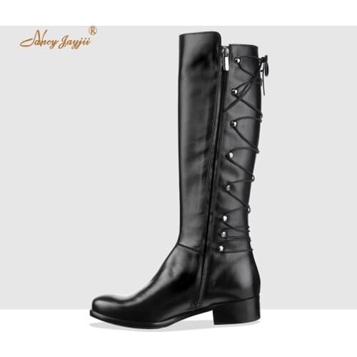 2021 Women’S Black Luxury Rivet Cross-Tied Genuine Leather Knee High Boots Winter Female Chunky Heel Gothic Zip Booties Shoes