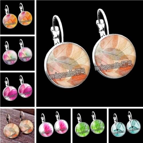 Beautiful Transparent Leaves Round Glass Women Earrings Red and Green Plant Leaves Girls Stud Earrings