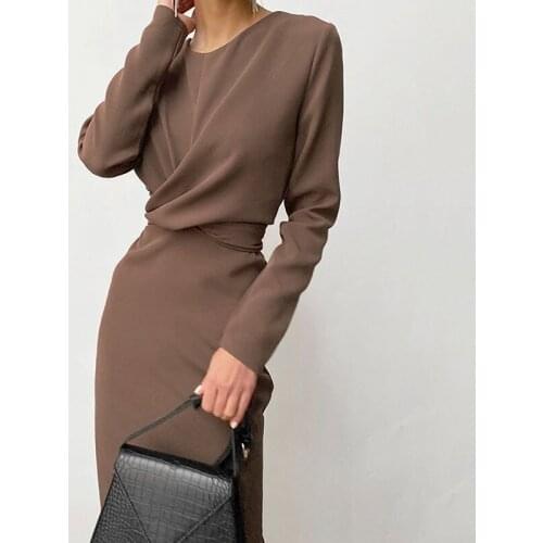 Fashion Wrinkle Cross Waist Dress Female Sexy Solid Round Neck Long Sleeves Dress Elegant Spring Long Dress 2021 Woman