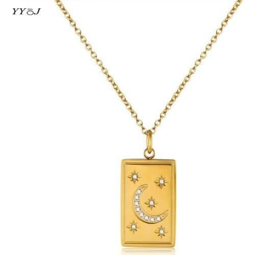 Rectangle square moon and star pendant necklace for women stainless steel cz pave gold necklace vintage stackable simple trendy