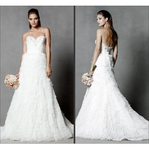 Free shipping hot sexy long sweetheart tiered 2015 beading new style romantic casamento vestido de noiva a-line wedding dress