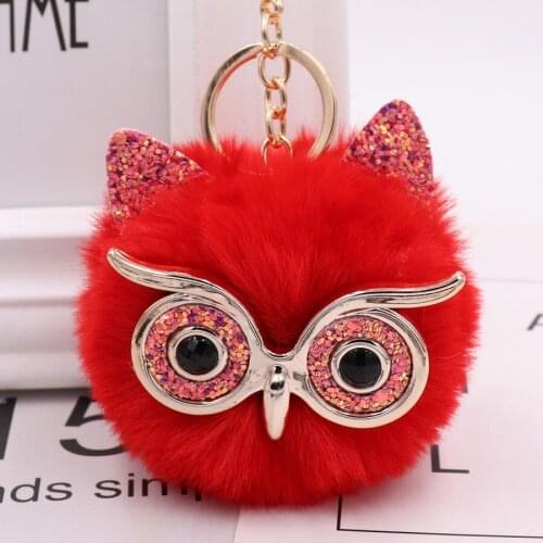 1PCS Cute Fashion Women Handicraft Gold Dust Owl Fur Cony Hair Ball Pom Pom Charm Car Keychain Handbag Key Ring Pendant
