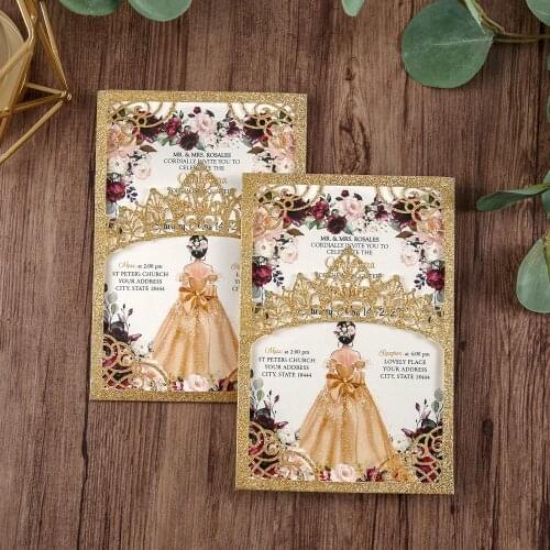 100pieces Glitter Shining Laser Cut Quinceanera Invitations Gold Color Wedding Pockets with Envelope