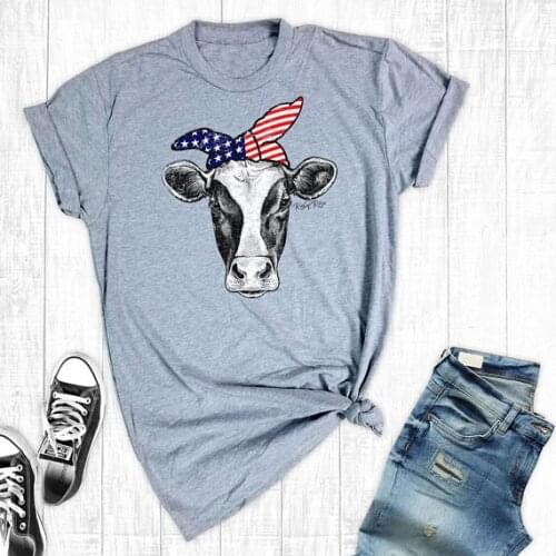 2018 Funny July 4th Cow Womens t-Shirts Short Sleeved Farm Shirts Summer Cotton Graphic Tops&Tee Independence Day Womens Tshirt