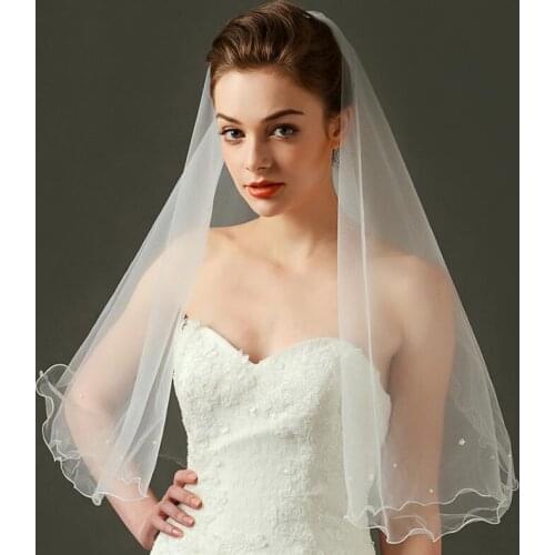 2020 Hot Sale Best Match White Bridal Wedding Veils Tulle Pencil Edge 1.2m Pearls Bride Veils One Tier Wedding Accessory