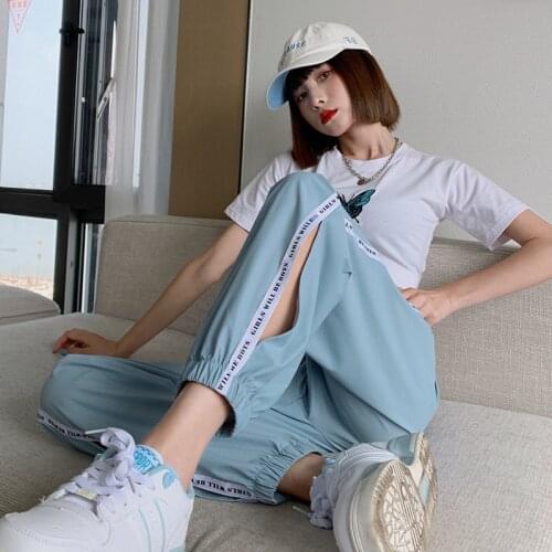 2021 Ice Silk Black Joggers Letter Womens Harem Pants High Waist Side Cutout Summer Trousers for Women Casual Loose Sweatpants