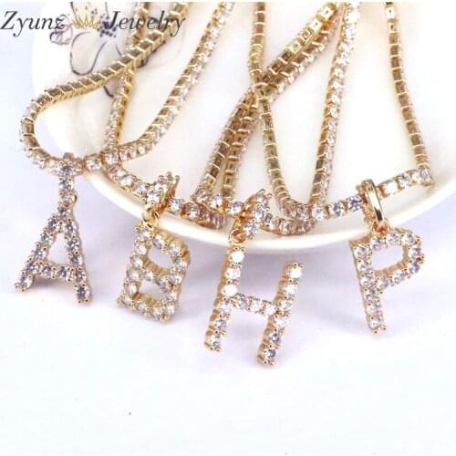 5PCS, Crystal Zircon Tennis Letters Pendants Necklaces For Men/Women Gold Color Fashion Jewelry with 5mm Tennis Chain