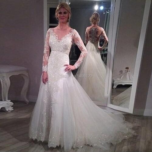 Beading Mermaid Wedding Dresses Sequin Appliques Ivory Bridal Gowns Vestido De Noiva Sheer Scoop Neckline Wedding Dress Long