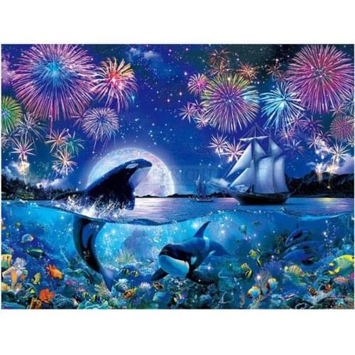 Fireworks Diamond Art Dolphin Mosaic Embroidery Painting Rhinestone Drawing Pictures Home Wall Papers Handcraft Gift Beadwork