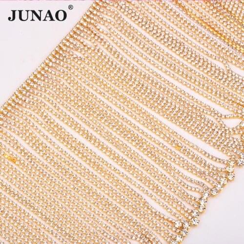 JUNAO 45cm/lot Glitter Gold Glass Rhinestone Trim Fringe Sewing Strass Chain Ribbon Golden Crystal Applique Banding for Clothes
