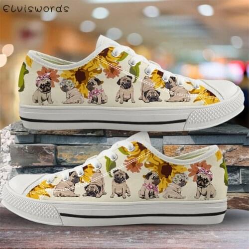 ELVISWORDS Woman Low Top Canvas Shoes Cute Animal Pug Dog and Flower Print Ladies Casual Sneakers Girls Comfort Vulcanized Shoes