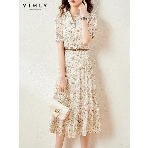 VIMLY Summer Women Dresses Elegant Floral Dresses Office Lady High Waist Sashes Pleated Long Dresses Womens Maxi Dress F7711