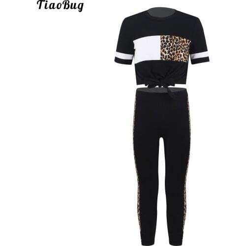 TiaoBug Summer 2Pcs Kids Girls Sport Suit Round Neck Short Sleeves Leopard Print T-Shirt And Pants Set For Running Workout Sport