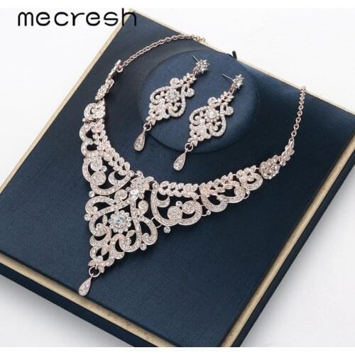 Mecresh Crystal Branch Bridal Wedding Jewelry Set for Women Rose Gold Color Earrings Necklace Set Engagement Jewelry 2020 MTL509