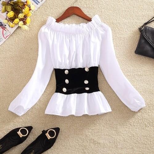 Sweet Blouse Women Short Shirt Crop Top Slash Neck Off-shoulder Patchwork Elastic Waist Ruffles Lantern Sleeve Japan Spring New