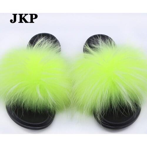 Real Raccoon Fur Slippers Womens Summer Multicolor Cute Fluffy Fuzzy Indoor Flat Sandals Plus Size Plush House Shoes TX24
