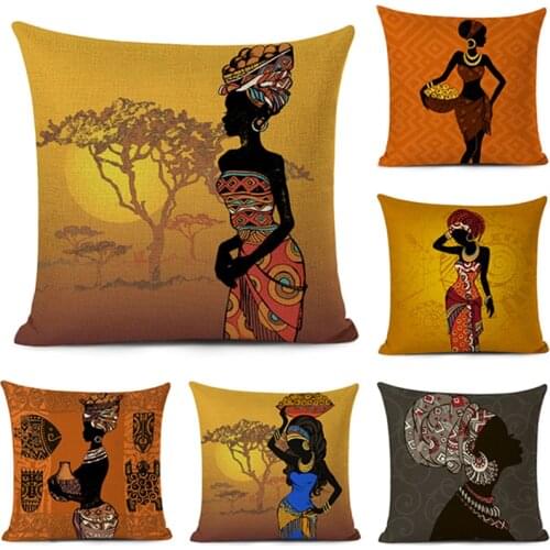 Ethnic Style African Woman Cushion Cover African Girl Decorative Pillow Case 45cm Linen Throw Pillow Cover for Sofa Home Decor