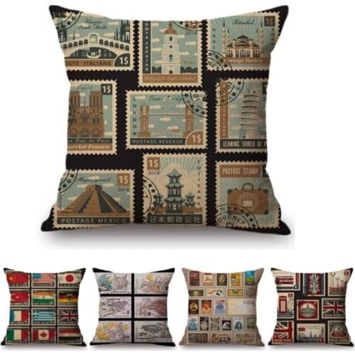 Nostalgic Post Stamps Design Vintage Sofa Throw Pillow For Home Decoration Creative Cotton Linen Car Pillow Cushion Cover Case