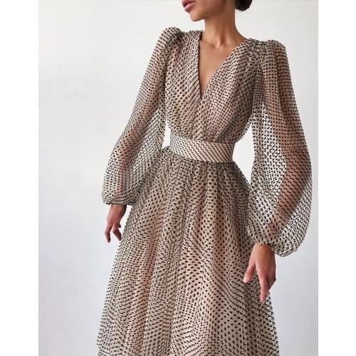 Polka Dot High Waist Midi Dresses Women V-Neck Sweet Long Puff Sleeve Elegant Dress Female 2021Christmas Lady Party Vestidos New