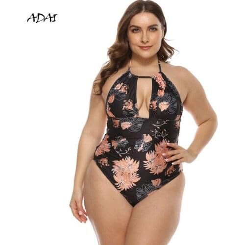 Plus Size One Piece Swimsuit Women Swimwear 2021 Floral Print Deep V Neck Halter Backless Bathing Suit Summer Beachwear L-XXXL