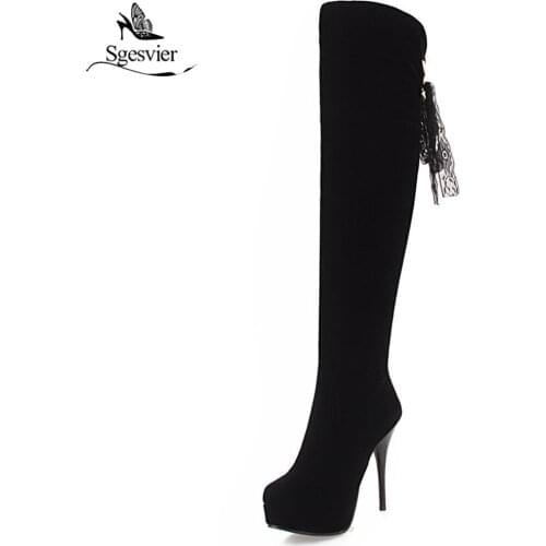 Sgesvier Black Over the Knee Boots for Women Shoes Round Toe Sexy Thin Extreme High Heels Party Office Ladies Long Boots OX795