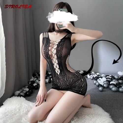 Mesh Body Stocking Sexy Hollow Out Fishnet Bodysuit Perspective Erotic Open Chest Lingerie Net Dress Ladies Exotic Costumes