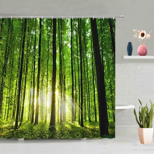 Green Forest Shower Curtains Plants Trees Grass Spring Natural Scenery Bathtub Decoration Bathroom Screen Waterproof With Hooks
