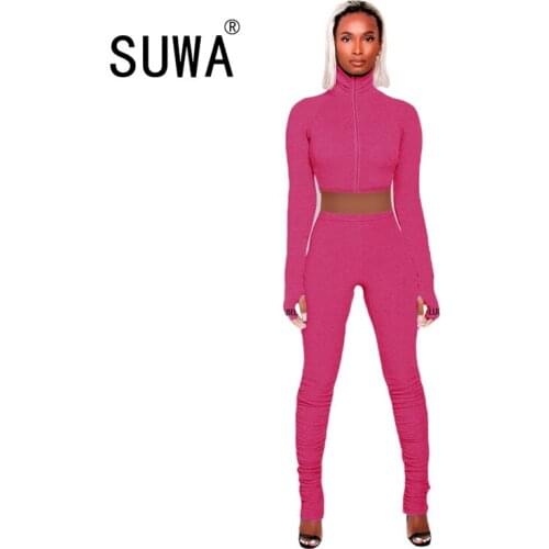 Sexy 2 piece outfits for womens clothing sets autumn winter long sleeve slim-fit top tee + jogger pants sport tracksuit