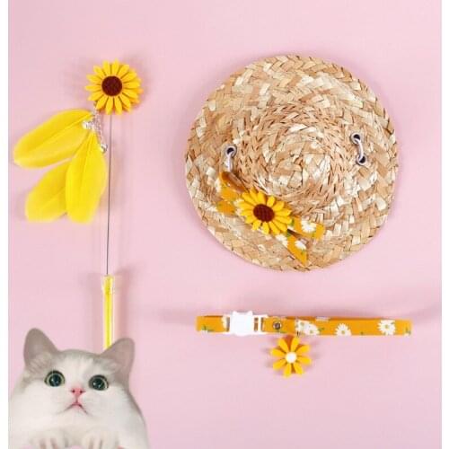 Pet Cat Dog Hand-woven Straw Daisy Hat Adjustable Sunshade Flower Decoration Cap Summer Beach Party Holidays Photography Props