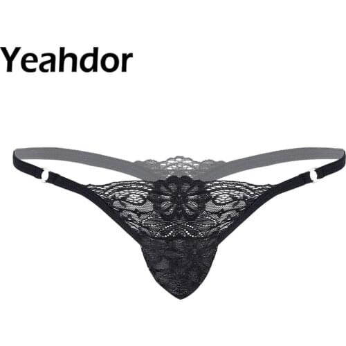 Mens Sissy Lace T-back Briefs Bulge Pouch G-String Lingerie Bikini See Through Thong Sleepwear Underpants Male Erotic Underwear