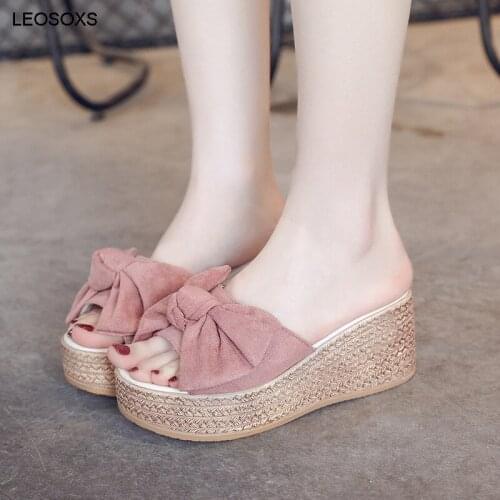 Shoes Woman Summer 2021 New Butterfly Shape Slippers Fashion Casual Beach Slope Heel And Thick Bottom Slippers