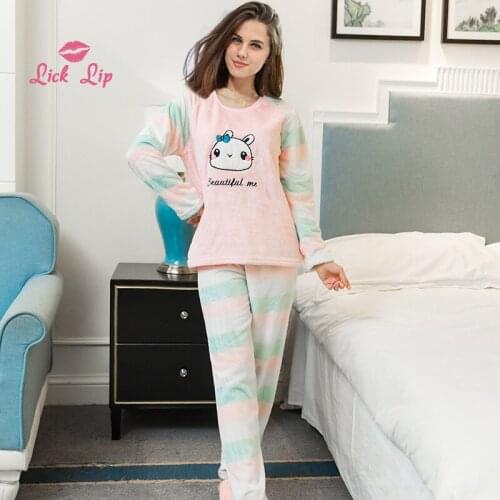Lick Lip Warm Autumn And Winter Cartoon nightgowns Sets Women Thick Flannel Pajamas Soft And Comfortable Pajamas Sets SWD9819-3