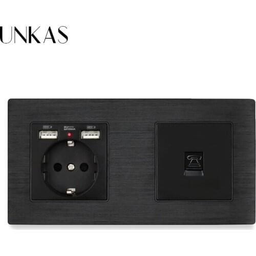 UNKAS Aluminum Metal EU Standard Wall Socket Grounded With 2 USB Charge Port Hidden Soft LED+1 Gang RJ11 Telephone Connector