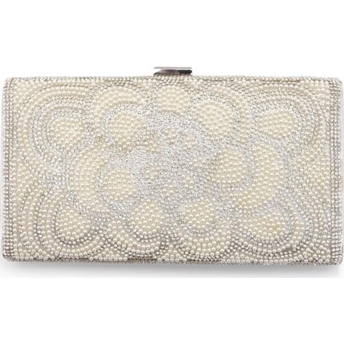 Woman Clutch Bag Metal Frame Evening Bag Rhinestones Mellow Artificial Pearls Decor Shoulder Bag with 2 Removable Chains Sliver