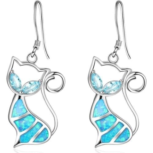 2020 Women Earrings Cute Cat Design Rhinestones Blue Imitation Fire Opal Drop Dangle Earrings For Women Jewelry Accessories Gift