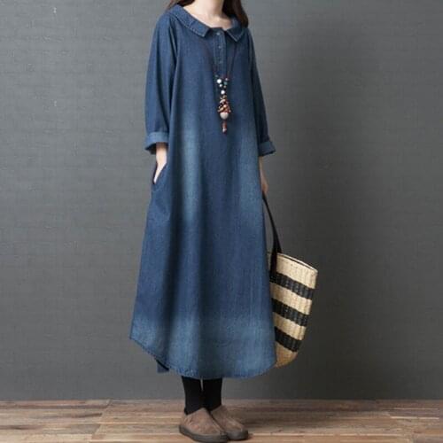 Spring New Denim Long Dress 2021 Loose Turn-Down Collar Long Sleeve Pocket Cotton Blue Dresses Plus Size Clothes Oversize