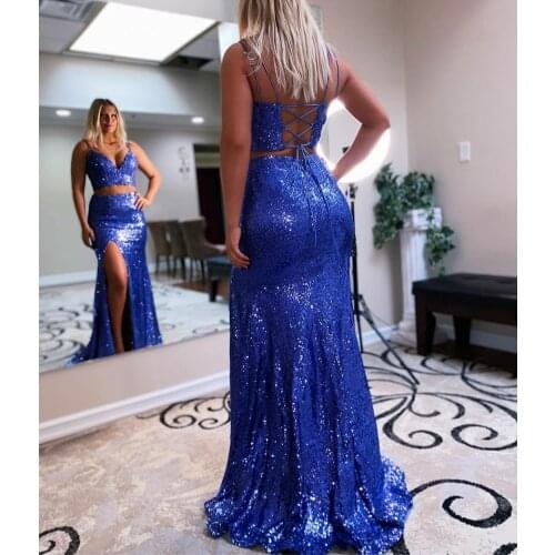 Sexy V-Neck Mermaid Long Blue Prom Dresses with Slit Criss Cross Back Robe De Soiree Floor Length Formal Party Gown for Women