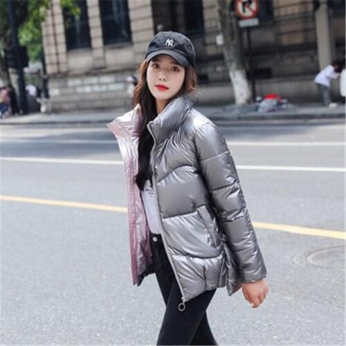Winter coats Women Short Femal Jacket Cotton Jackets Zipper Padded Fashion Parkas Pocket Stand collar Shiny Coat snow wear