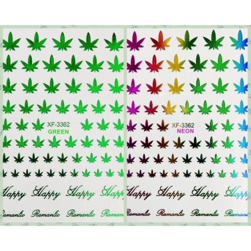 12Sheets/Lot Pot leaf nail Decal Sticker Weed Leaves Holographic 3D Self-Adhesive 3D Nail Stickers XF3362 ( 12 Colors),J-10111