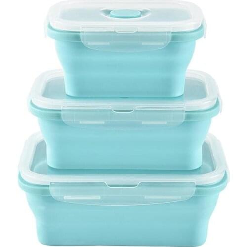 3Pcs Portable Rectangle FDA Whole Silicone Scalable Folding Lunchbox Bento Box with Circular Hole and Antiskid Particles