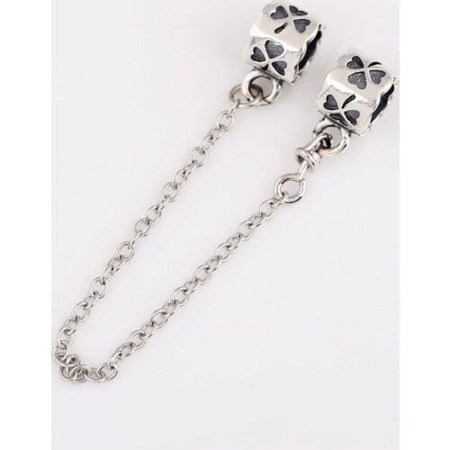925 Sterling Silver Bead Lucky Clover Shamrock Safety Chain Charm Fit Fashion Women Pandora Bracelet Bangle Gift DIY Jewelry