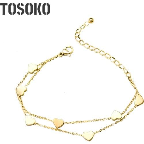 TOSOKO Stainless Steel Small Peach Heart Double-Layer Bracelet For Womens Small Exquisite Jewelry BSE054
