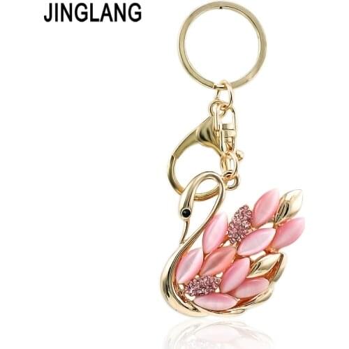 JINGLANG Gold Color Lobster Clasp Keyring Crystal Opal Swan Animal Charms Keychains For Women Hangbag Pendants Jewelry